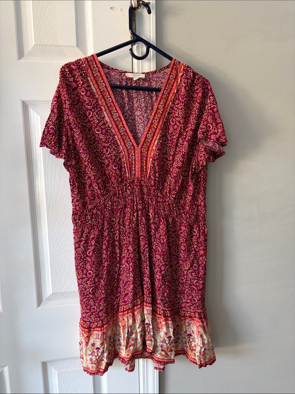 Umgee Berry Red Floral V-Neck Boho Mini Dress with Contrast Hem